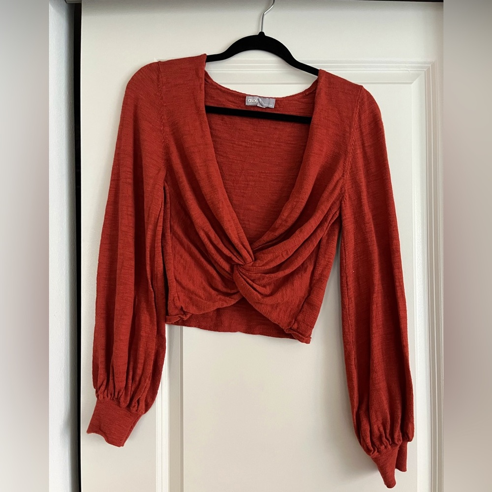 Burnt Orange Crop Twisted Front Top with Bubble Sleeves